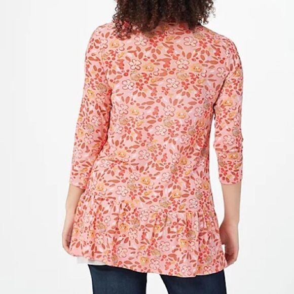 LOGO Layers by Lori Goldstein Printed Sheer Ruffle Hem Mesh Top - Picture 3 of 6